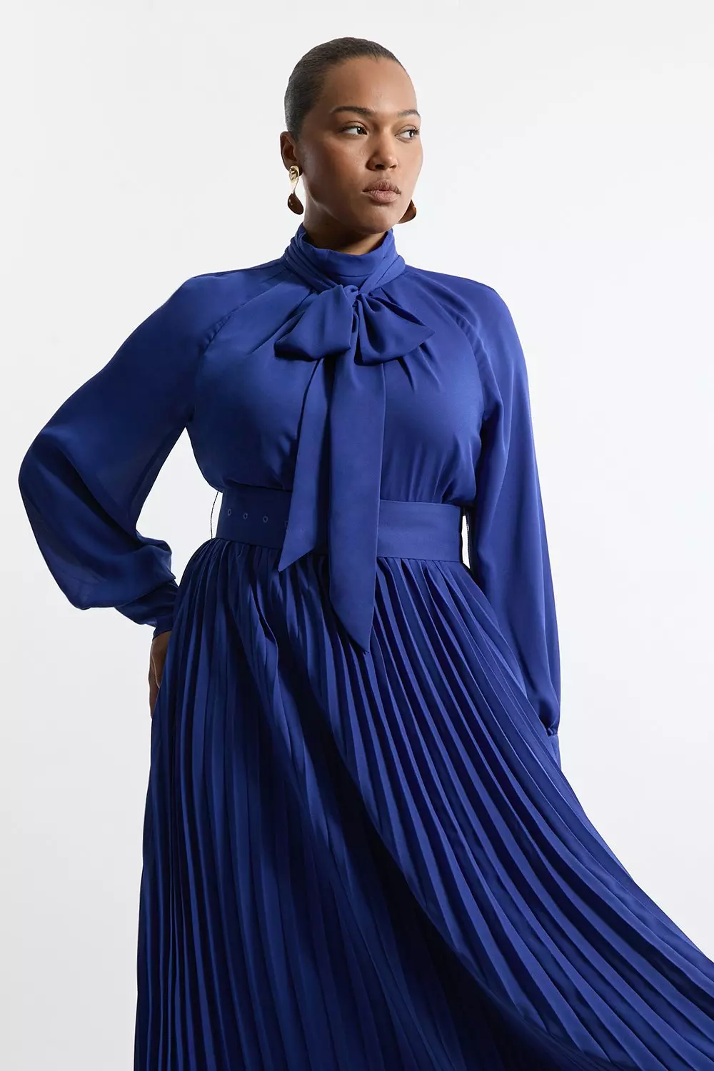 Plus Size Pleated Woven Belted Tie Neck Maxi Shirt Dress Karen Millen